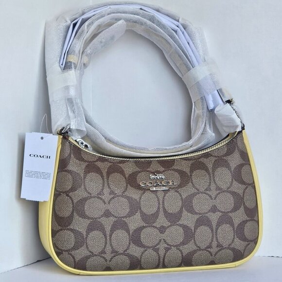 Coach Teri Shoulder Bag CA548 Brown Signature Canvas Yellow Crossbody Logo Print - Picture 1 of 11